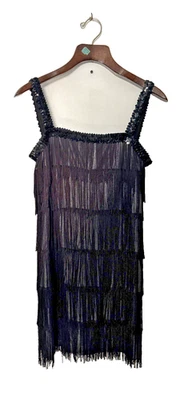Black Fringe Sequin Flapper Dress L Women’s 1920s Gatsby Halloween Costume Vtg - Image 1 of 4