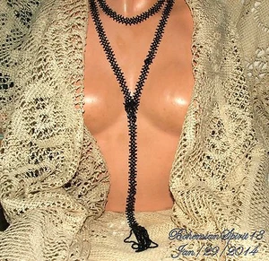 ANTIQUE ART DECO MICRO CZECH GLASS BLACK PEACOCK BEADED 52''L FLAPPER/NECKLACE - Picture 1 of 5