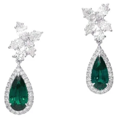 Simulated 8.50 TCW Pear Emerald & Multi Shape Sapphire Engagement Drop Earrings - Image 1 of 4