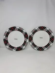 Mikasa Christmas TARTAN WHITE Plaid Bone China Dinner Plate Set of 2 NEW holiday - Picture 1 of 9