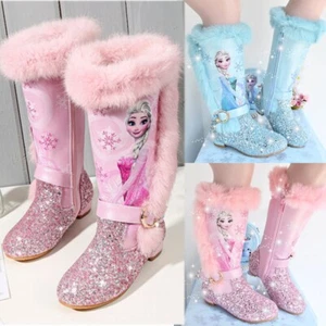 UK Kids Girls ELSA Princess Winter Long Boots Warm Snow Shoes Birthday Xmas Gift - Picture 1 of 20