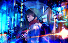 Anime girls neon umbrella dark hair scarf looking Play Gaming Mat Desk