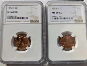 (LOT OF 2) 1954 S Lincoln Wheat Cent NGC MS 66 RD SPECIAL DEAL - Picture 1 of 9