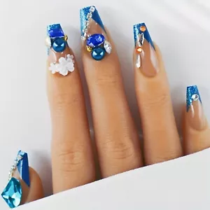 24pcs Luxury Ocean Blue French Ballerina Nails – Handmade, Glittery Design - Picture 1 of 7
