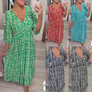 Swing Boho Midi Floral V-Ausschnitt Strand Sommer Damen Partykleid) æ - Bild 1 von 21