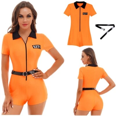 Womens Halloween Party Costume Prisoner Fancy Dress Up Bodysuit with Belt Outfit - Image 1 of 4