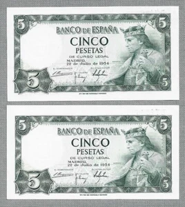 SPAIN P146a PAREJA CORRELATIVA 5 PESETAS 1954 SIN CIRCULAR SC/SC- UNC SERIE D - Imagen 1 de 2