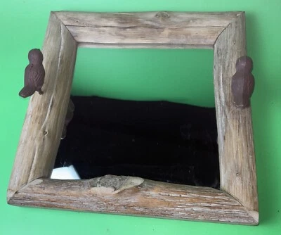 12” Mirror Hanging Square Brown Wooden With 2 Metal Birds For Hanging - Image 1 of 4