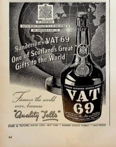 1949 VAT 69 Scotch Whisky Vintage Print Ad 1940s Scotland's Gift World Global - Picture 1 of 1