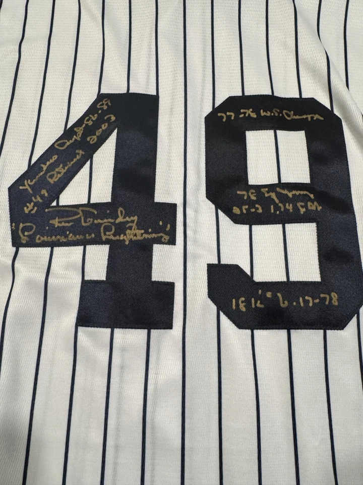 LOUISIANA LIGHTNING RON GUIDRY SIGNED AUTO CAREER 9 STAT YANKEES JERSEY - Image 1 of 4