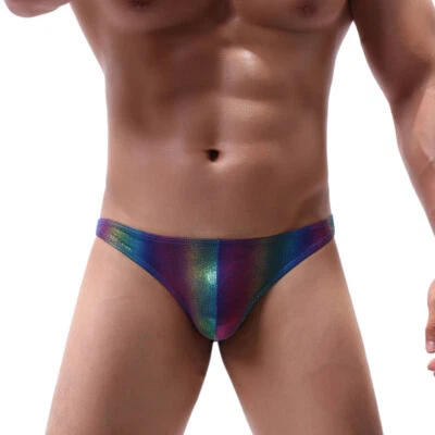 Rainbow Men Stripe Shiny Briefs Underpants Male Gay Sexy G-String Thongs Bikinis - Image 1 of 4