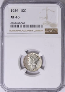 1936 MERCURY DIME - NGC GRADED XF 45 - Picture 1 of 2