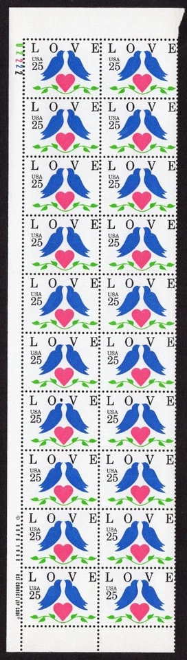 Scott #2440 Love Birds Plate Block of 20 Stamps - MNH P#U2222 UL - Image 1 of 1