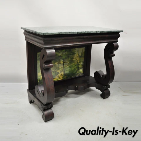 19th Century American Empire Mahogany Green Marble Top Console Hall Table Cover