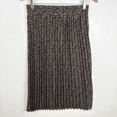 Pleione Black Pink Floral Pleated Midi Skirt Women’s Small Pull On Elastic Waist - Image 1 of 4