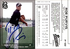 Rob Purvis Signed 2001 Grandstand Birmingham Barons #22 Card Auto