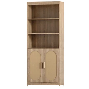 Bookshelf 5 Tier Book Shelf Rattan Tall Bookcase with Doors Large Bookshelves - Picture 1 of 3