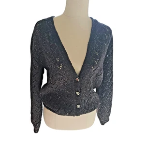 Handmade Vintage Cardigan Black Sparkly Open Knit V-Neck Size 12 Long Sleeve - Picture 1 of 7