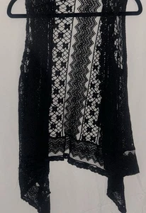 Damen L schwarz Spitze Häkel Boho ärmellos Weste Cardigan Top - Bild 1 von 5