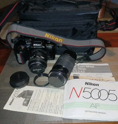 NIKON N5005 35mm FILM CAMERA with AF Nikkor 35-70mm 80-200mmLens Cap Strap Case - Image 1 of 4