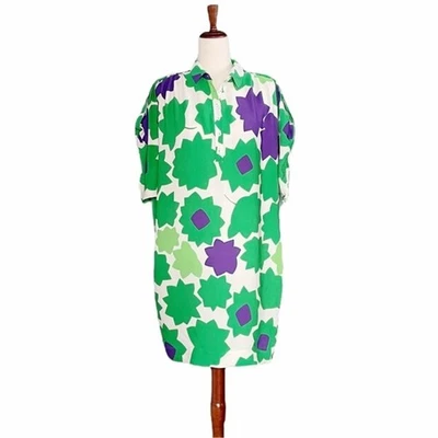 DVF Diane Von Furstenberg Green Mod Print Silk Cocoon Shirt Dress Women’s Size 8 - Image 1 of 4