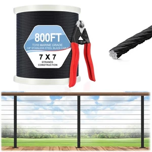 800 Fuß Schwarz Edelstahlkabel, 1/8 Zoll T316 Marinequalität Drahtseil mit Schnitt... - Bild 1 von 7