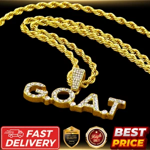 14K Gold Ton Iced Diamond CZ "G.O.A.T" Anhänger + 24" Seil Kette Halskette - Bild 1 von 6