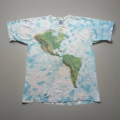 Vintage 90s Liquid Blue World Map Ocean Continents Thrashed Shirt Size Large - Image 1 of 4