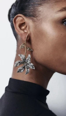 Brincos de flores vintage Zara prata dourada CZ cristal pedra preciosa boho cravejado joia - Imagem 1 de 4