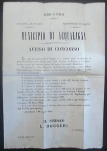 MUNICIPIO DI ACQUALAGNA - MANIFESTO 1875 (PESARO) - Imagen 1 de 1
