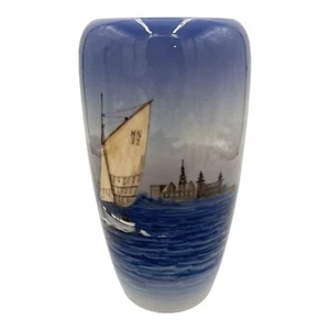 Royal Copenhagen Porcelain Denmark Nautical Boat Ocean Painting Vase 9” Vintage - Picture 1 of 8
