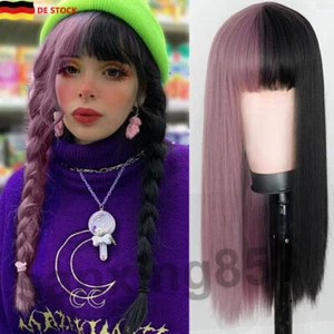 Parrucca viola e nera Parrucche sintetiche cosplay capelli lunghi lisci DE - Foto 1 di 3