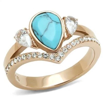 Ladies Rose Gold Ring Turquoise Pear Cut Steel Cubic Zirconia - Image 1 of 4