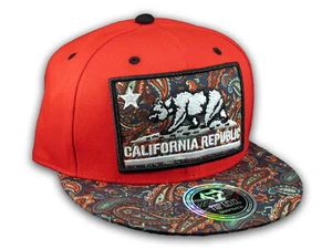 California Republic Bear on Red and Navy Paisley Baseball Snapback Hat - Picture 1 of 4