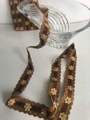 LACE - Pretty Brown Sude Flowers w/ Wooden Beads Lace - Image 1 of 4