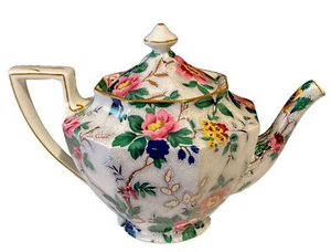 Rara e straordinaria teiera ottagonale anni '20 corona merce ducale Chintz girasoli rose - Foto 1 di 14