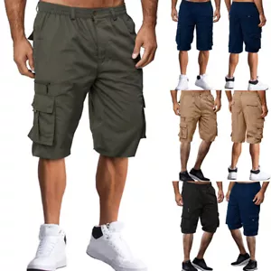 Mens Combat Cargo Shorts Half Pants Elasticated Waist Pockets Casual Trousers❥ - Picture 1 of 16