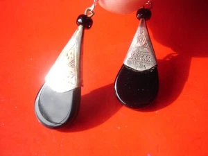 Ohrringe SILBER Niger Tuareg SCHWARZER ACHAT graviert + Silberhaken L30 mm - Bild 1 von 8