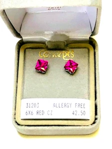 Concepts Non-Allergic Surgical Stainless Steel 6mm Princess Cut RED CZ Earrings - Picture 1 of 1