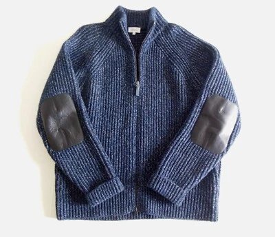 Brioni Italy Men's Chunky Knit Cardigan Sweater 50 M Wool Leather Full Zip Blue - Image 1 of 4