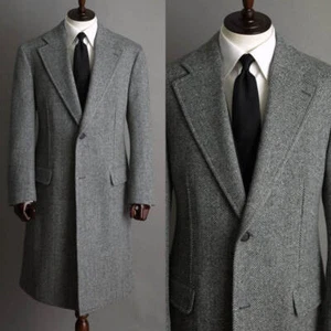 Herren Wollmantel Einreiher Grau Fischgrät Kerb Revers Regular Fit Custom - Bild 1 von 13