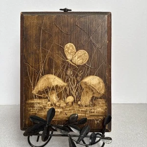 VTG Mushroom Art Wood Plaque Handmade Original Oil Rub Out 70s Artist Linda - Picture 1 of 13