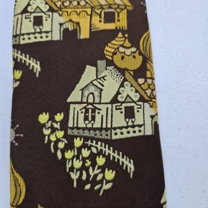 Vtg Custom Creations Mens Necktie Dutch American Motiff Brown Mustard Yellow 50s - Picture 1 of 4
