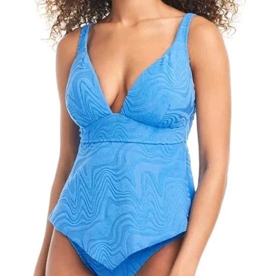 Bar III Women Blue Textured Wave Terry Hankey Beachwear Swim Tankini Top Size M - Image 1 of 4