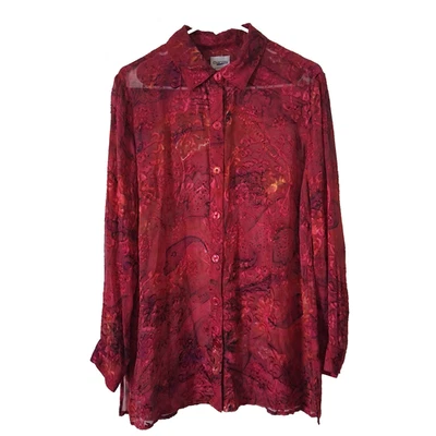 Top con botones Chico’s para mujer talla 2 rojo puro abstracto mezcla de seda con textura boho Foto 1 de 4