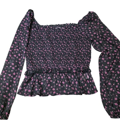 mi ami Black Pink Floral Smocked Square Neck Peplum Long Sleeve Top M - Image 1 of 4
