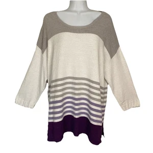 Chico's White Grey Purple Stripe 3/4 Sleeve Nubby Knit Sweater Womens 2 Large - Picture 1 of 16