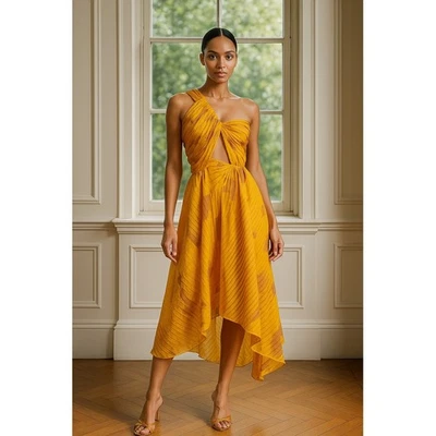 Vestido Isi Marrón Mujer Medio Amarillo Plisado Un Hombro Recorte Asimétrico Midi Foto 1 de 4