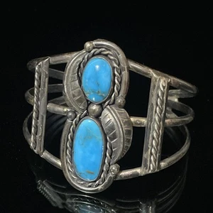 Classic Navajo Vintage Sterling Silver Turquoise Bracelet With Maker's Mark JV? - Picture 1 of 11