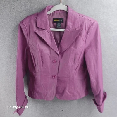 Vtg MetroStyle Purple Leather Professional Collar Button Blazer Jacket Size 8 - Image 1 of 4